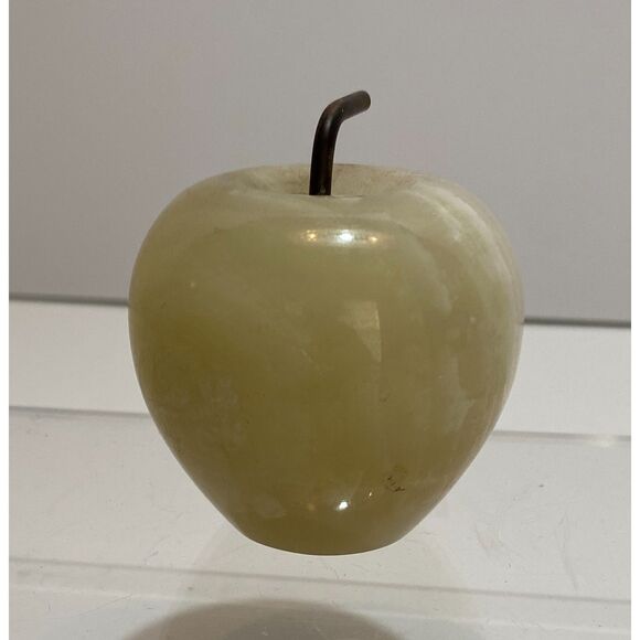 White Beige Pale Green Quartz or Marble Carved Brown Stem Decor Apple - Picture 4 of 7